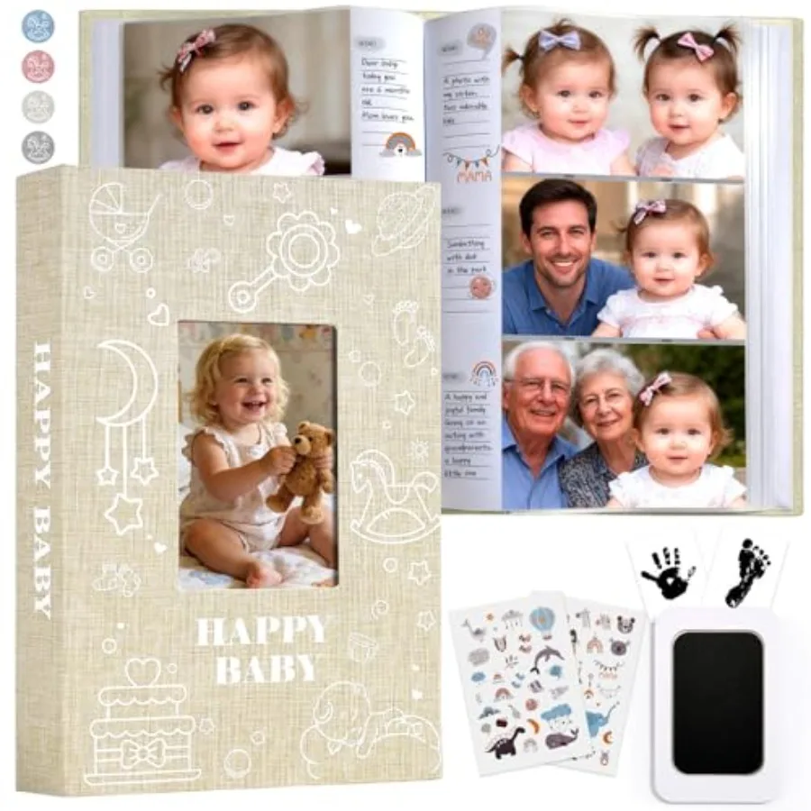 

Baby Photo Album 4x6 300 Pockets with Memo Area, Photo Stickers and Hand and Footprint Kit, Linen Cover Baby Memory Book with F