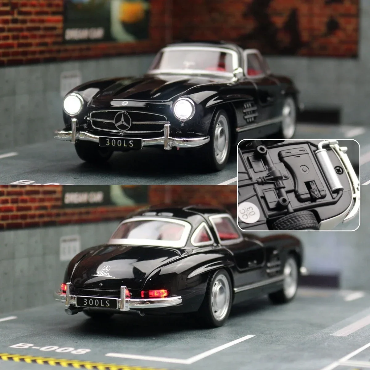 Modèle de voiture jouet Mercedes-Benz 300SL pour enfants, véhicule en métal moulé sous pression, vintage, l'inventaire, nervure arrière, collection, cadeau pour enfants, garçons, 1/32