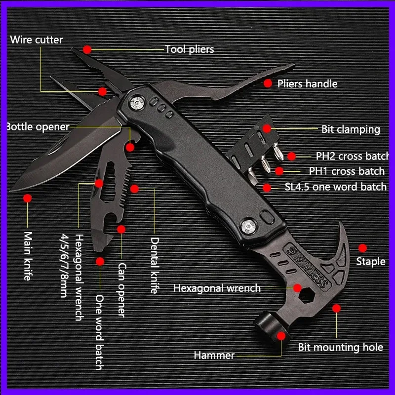 BIESUO Multifunctional Pliers Stainless Steel Claw Hammer Tool With Nylon Sheath For Outdoor Survival Camping Hunting Multitool