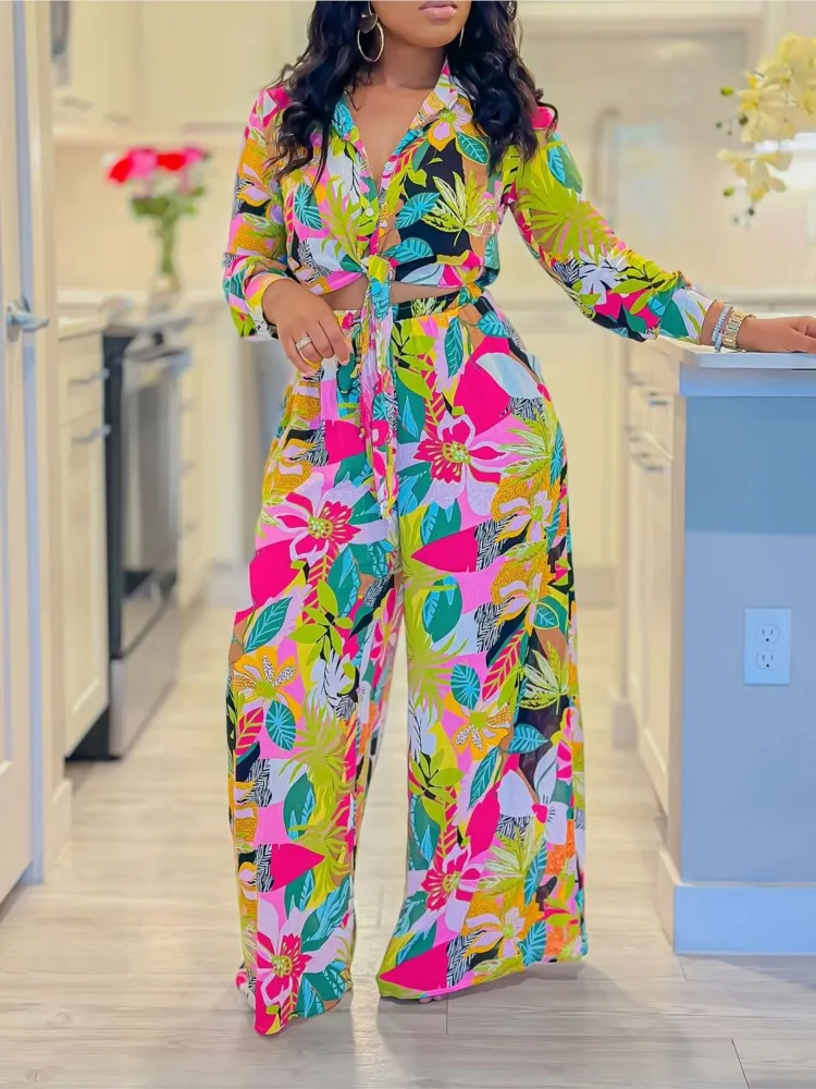 Women 2 Pieces Set Flower Print Pants Sets Long Sleeve Shirt + Wide Leg Pants Suit Fashion High Street Beach Clothing Female