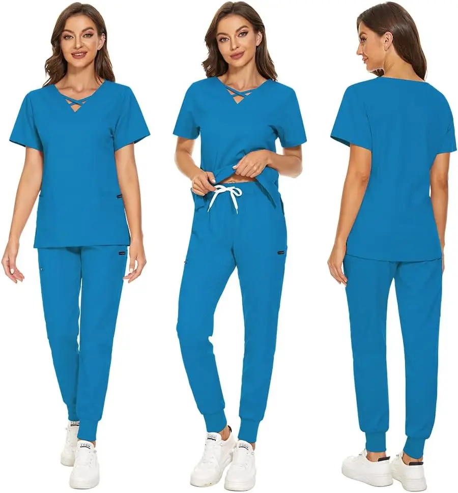 Scrubs for Women Set Modern V-Neck Top & 8 Pocket Jogger Pants Athletic Nursing Uniform Solid Stretch Workwear