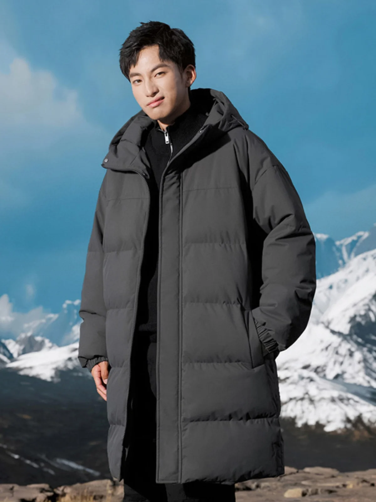 

Мужская зимняя удлиненная куртка-пуховик свободного кроя с капюшоном, на флисовой подкладке, теплая, модная, в городском стиле