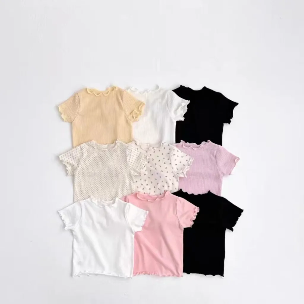 

T230131 Girls Summer Thin Ruffle Collar Base Shirt T-shirt Lightweight Floral Print Underwear Top for Kids