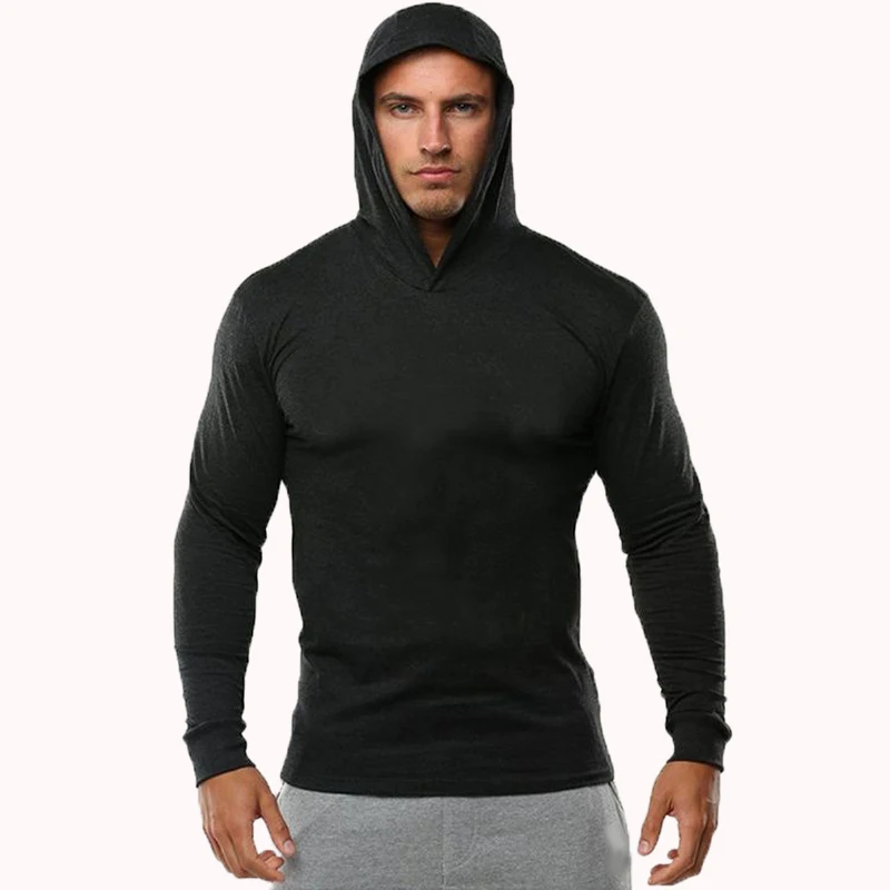 Summer Thin Long Sleeve Hooded European Size Men\'s Fitness Sports Leisure Running Training GYM 100% Cotton Sweater New