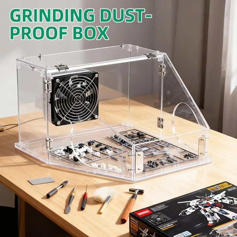 Sealed Acrylic Dust Sanding Box with Dust Collection, Built-in Ventilation Fan, Dust Bag & LED Light for DIY Work