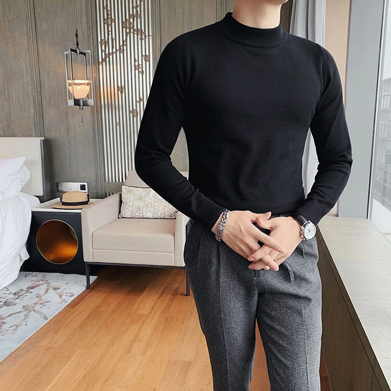 Spring Autumn Thin Half Turtleneck Men Long Sleeve Sweater Fashion Simple Slim Fit Casual Oversized Knitted Clothing Black White