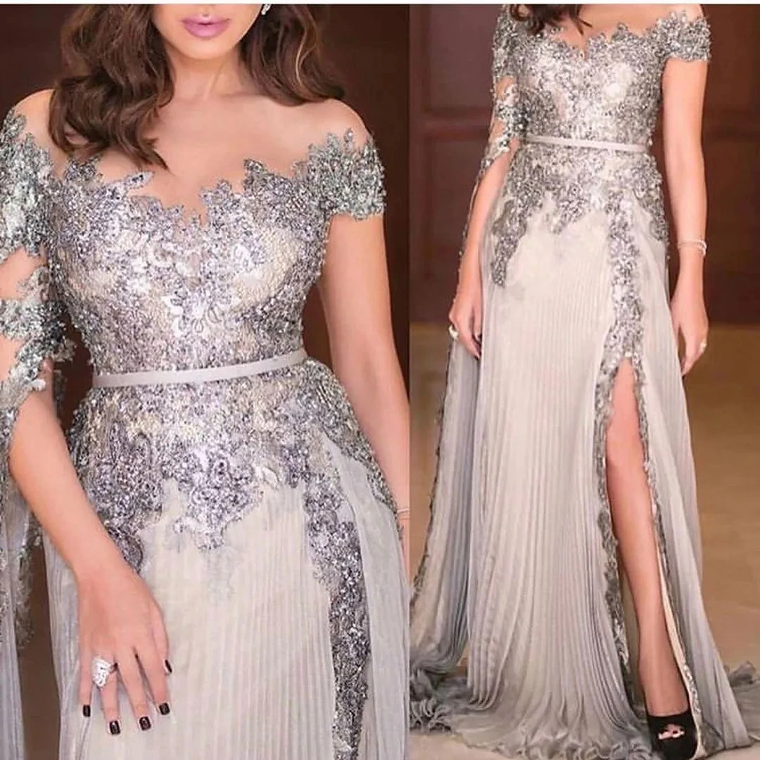 Modest Silver Prom Dresses Long Sleeves Sheer Neck Lace Applique Sequins Beaded Side Slit A Line Ruched Pleats Evening Party Gow