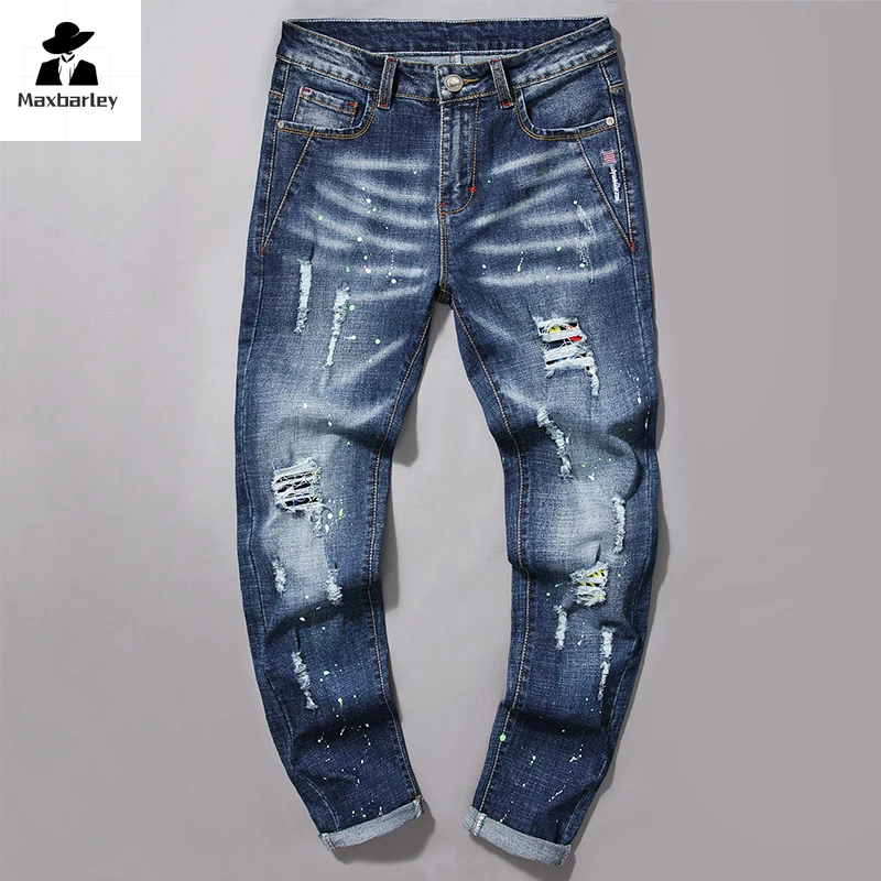 

2024 Spring New Arrival Men's Jeans Fashion Retro Blue Hole Harem Pants Casual All-Match Stretch Slim-Fit Pants Brand Clothing