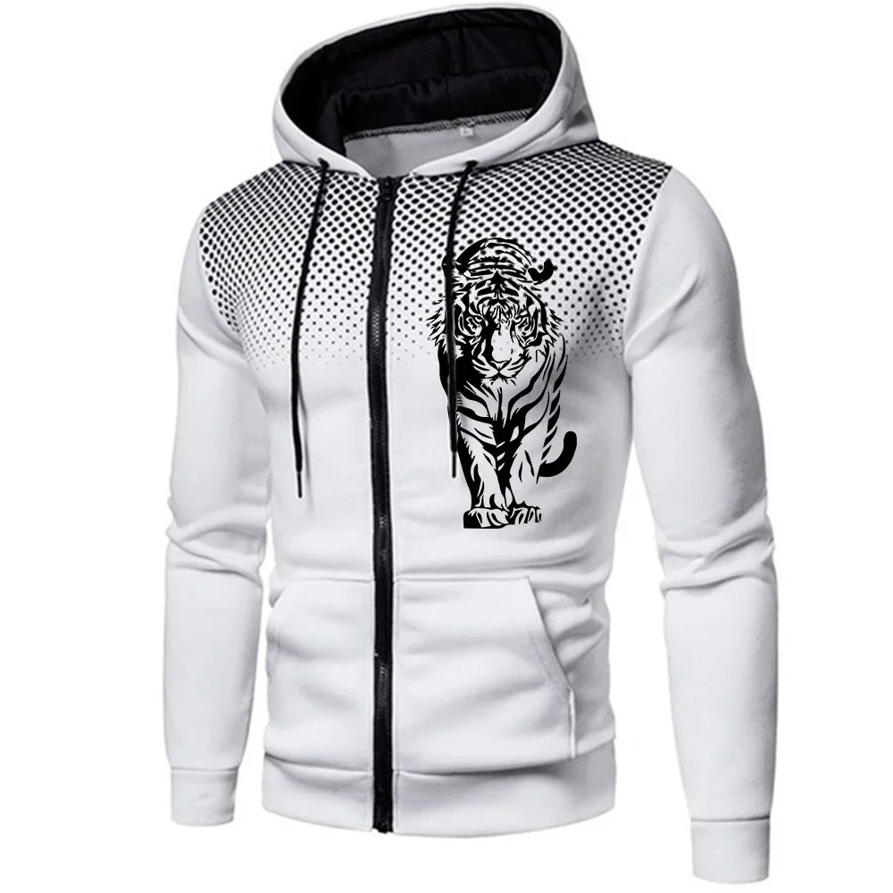 2025Tiger Print Herren-Kapuzenpullover mit Reißverschluss, Herbst und Winter, lässig, sportlich, Jogging-Mäntel, männlich, Outdoor, Motorrad, Reiten, Kapuzenjacken