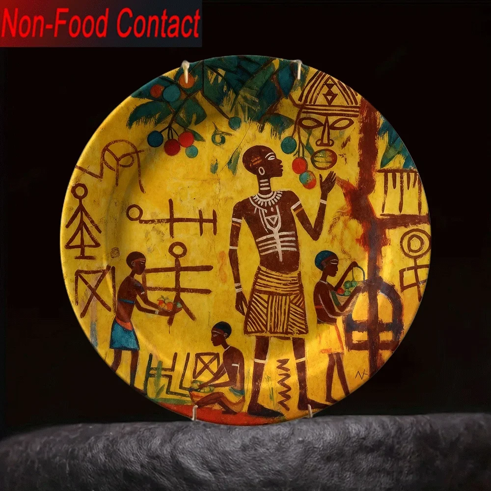 2D Flat - 1pc African Tribal Ceramic Plate - Hand-Painted-Look Traditional Warrior & Female Figure Art, Non-Food Contact Round