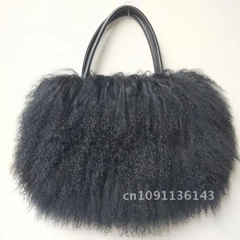 

Winter Genuine Mongolia Lamb Fur Handbag Women Casual Tibet Femme Long Real Bag Hair Shoulder Natural Bags Fur Tote