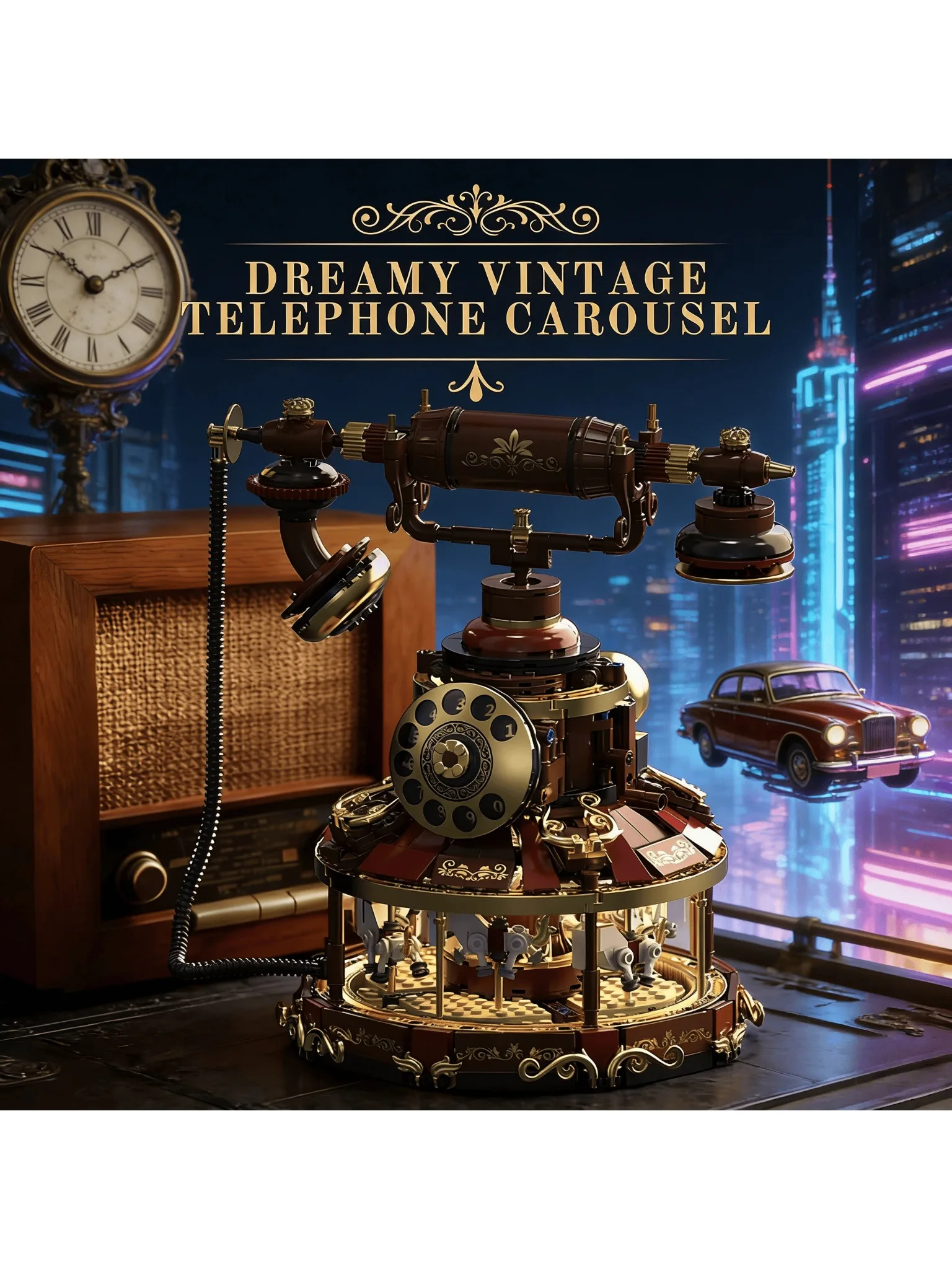 MOC Retro Draaiknop Telefoon Carrousel Bouwstenen Ouderwetse Telefoon Ornamenten Decor Bakstenen Speelgoed voor Kerstcadeaus - afbeelding 2