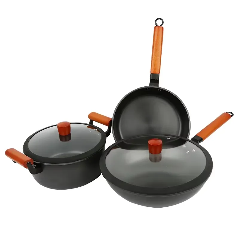 Hot-selling kitchenware cast iron non-stick cookware set wok pan frying pan soup pan kitchen cooking cookware 3-piece set