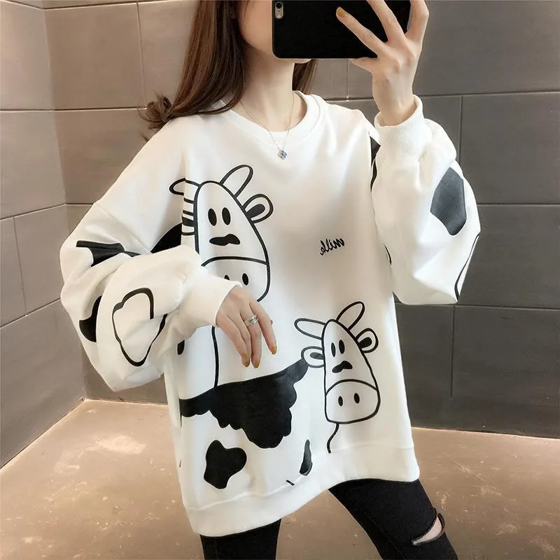 New Spring and Autumn Fashion Trend Printing Round Neck Thin Loose Versatile Western Style Slim Women's Long Sleeve Sweater