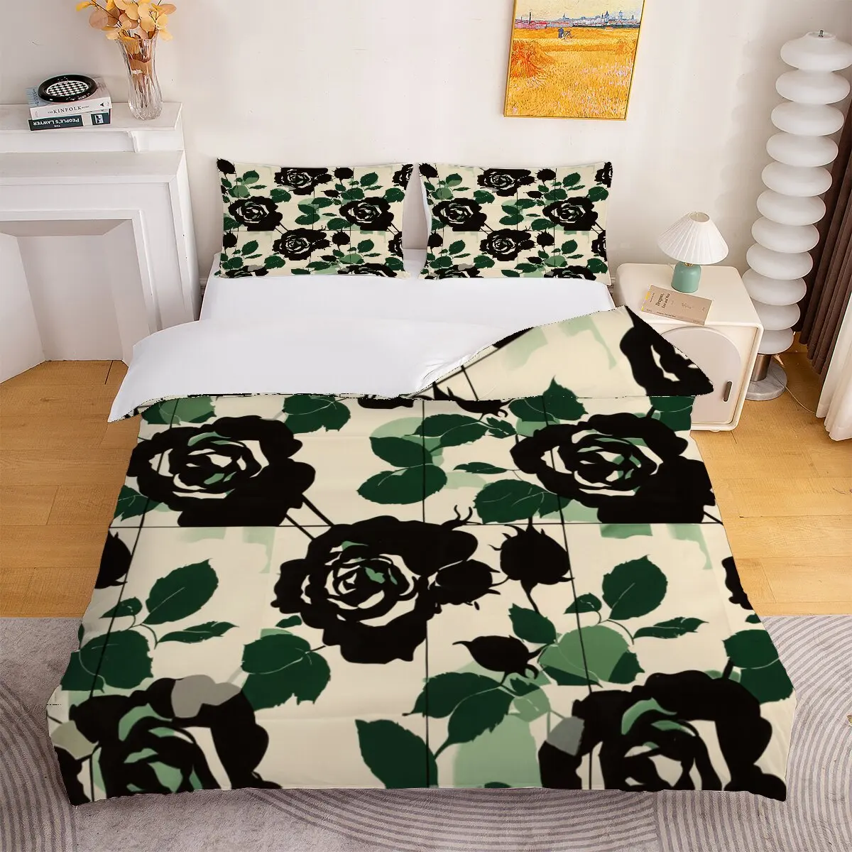 Juego de edredón de plumón con estampado de rosas y negro, funda nórdica estampada con geometría verde de gran tamaño, juego de 3 piezas con 2 fundas de almohada