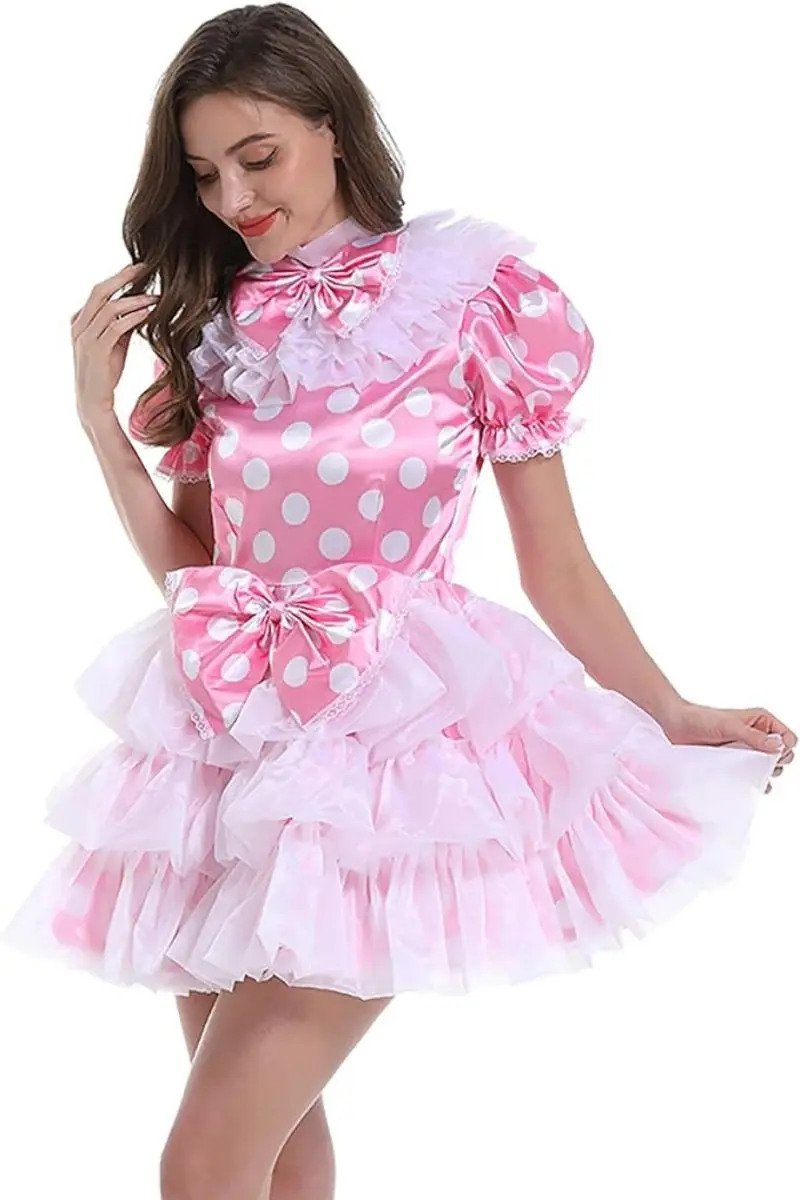 French Sexy Adult Custom Fetishist Cross Dressing Sissy Pink Smooth Cut White Polka Dot Sheer Patchwork Bubble Sleeve Dress