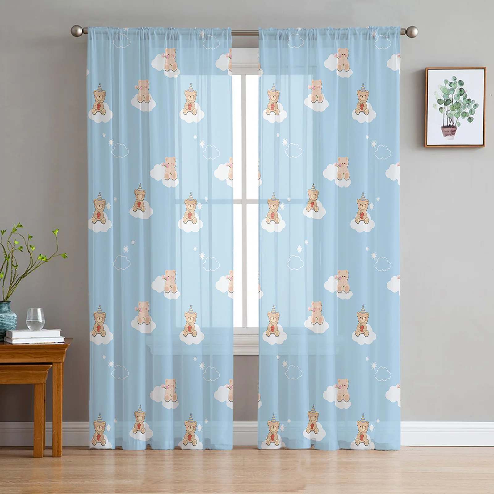 Stars Clouds And Bears Tulle Curtains for Living Room Bedroom Voile Sheer Curtain Window Home Decor Drapes