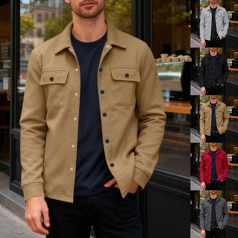 

26 Cross-Border American Heavyweight Men's Fleece-Lined Casual European Size Turn-Down Collar Single-Breasted Solid Color Slim