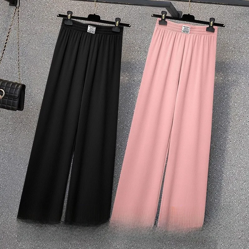 

Женские летние тонкие брюки из ледяного шелка с широкими штанинами, высокой талией, свободного прямого кроя, повседневные, длинные, в корейском стиле, для офиса и города