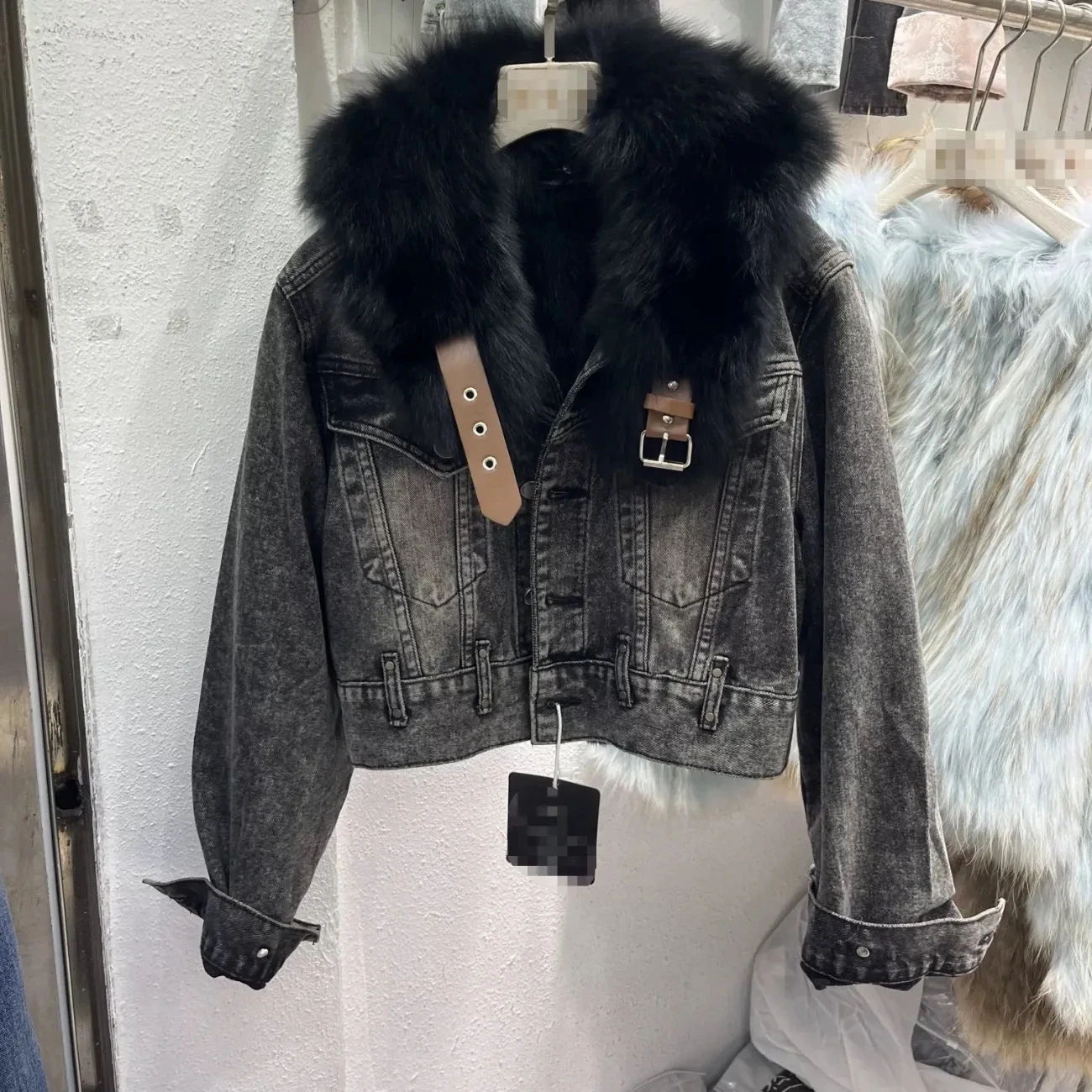 Veste en denim à manches longues avec ceinture pour femme, fourrure de renard courte, optique et chaud, combat d'hiver, streetwear, automne, nouvelle mode, 2024