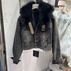 Streetwear Long Sleeve Belt Short Fox Fur Denim Jacket Thick And Warm Women Winter Coats 2026 Autumn New Fashion