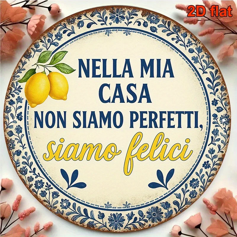 Vintage Italian Wooden Wall Decor - 2D Flat Round 8x8in, Lemon Theme Kitchen Sign with Italian Quotes for Dining Room Living Roo