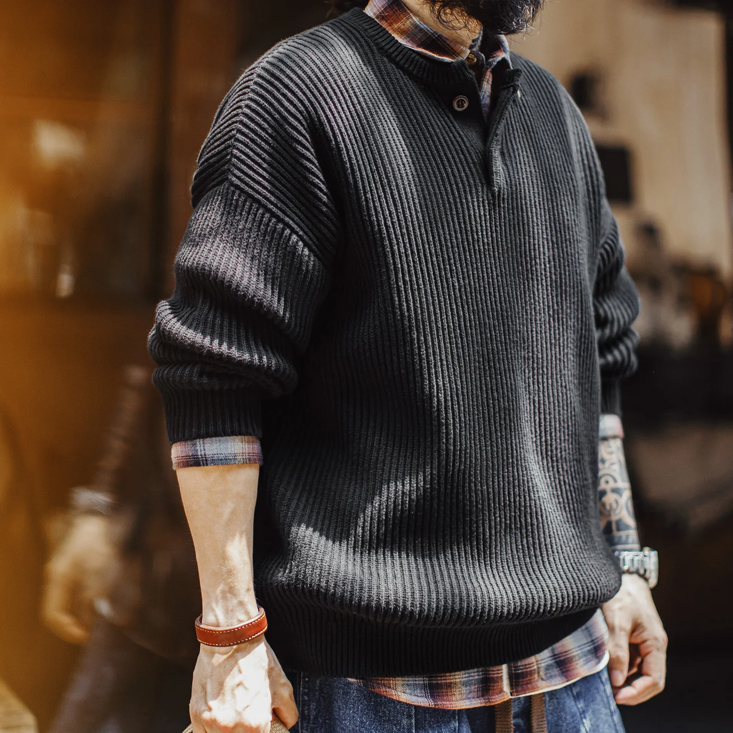 Maden Men's Black Henley Neck Sweater Loose Fit Knit Pullover Casual Long Sleeve Knitwear Male Top Spring Outwear