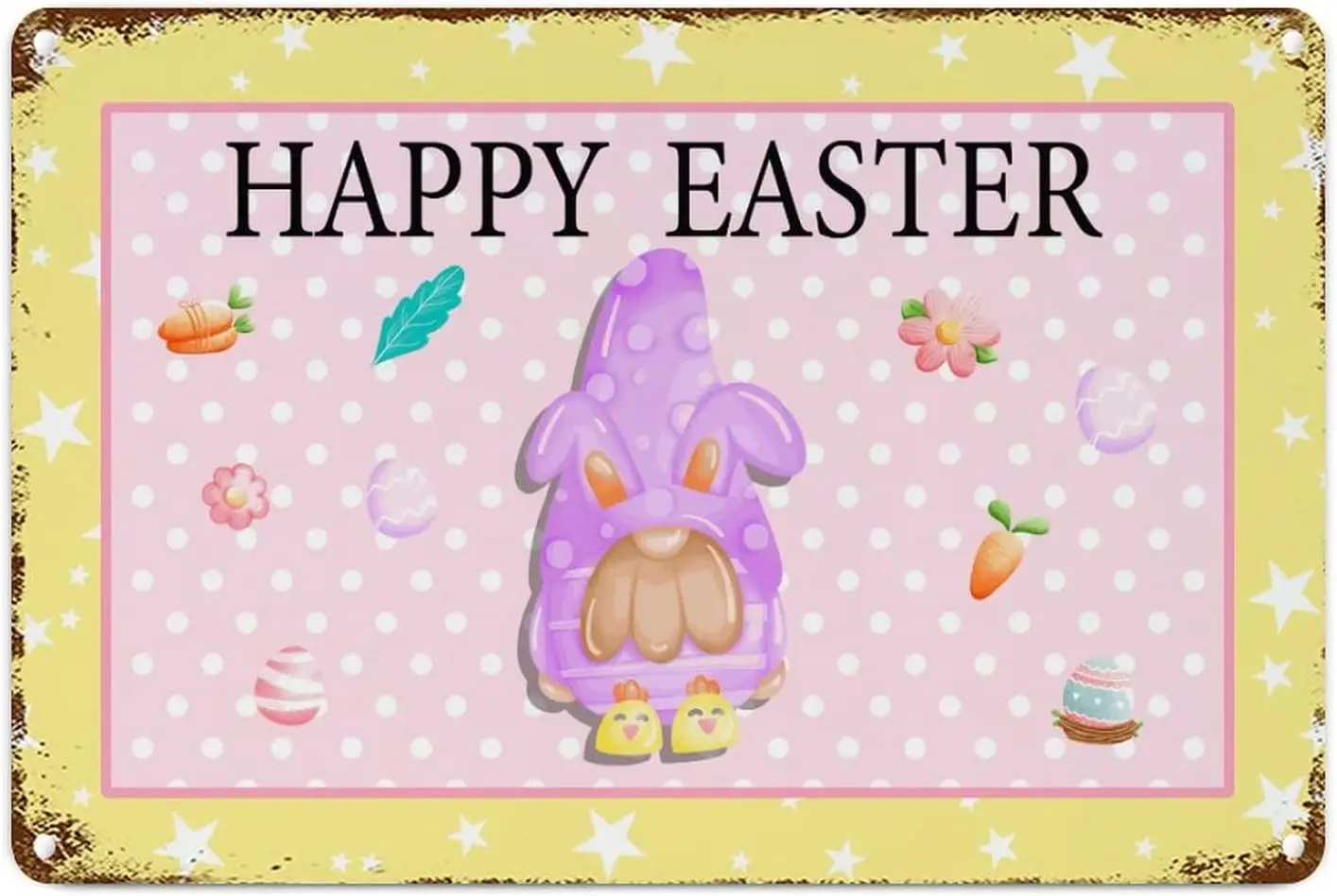 Spring Easter Greetings Metal Wall Sign Happy Easter Cartoon Bunny Gnome Metal Wall Sign Yellow Pink Dots Easter Eggs Carrot Ret