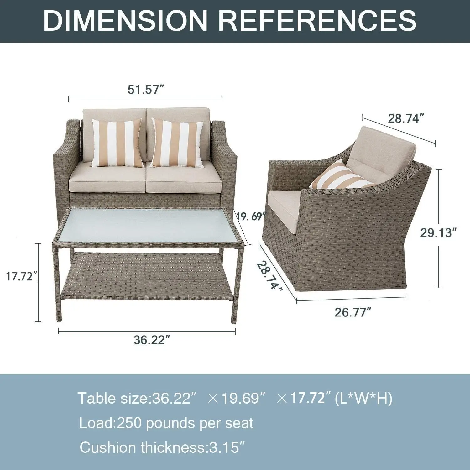 Conjunto de muebles para Patio al aire libre, conjunto de conversación de 4 piezas, muebles de mimbre para todo clima, sofá con mesa de centro de vidrio sofisticada