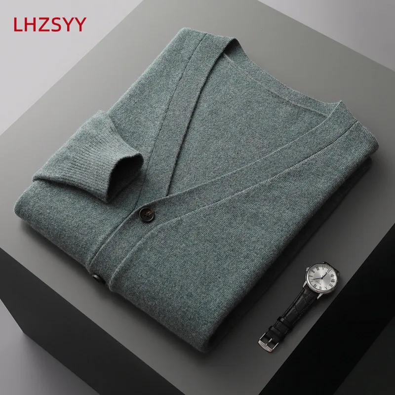 LHZSYY-cárdigan 100% de lana pura para hombre, suéter de cachemira, chaqueta de punto de manga larga, Color sólido, Top de alta calidad, Otoño e