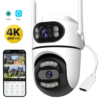 8MP 4K HD Wifi PTZ Camera ICsee APP Dual Lens Dual Screens Video Surveillance IP Camera Ai Tracking Outdoor Home Security CCTV