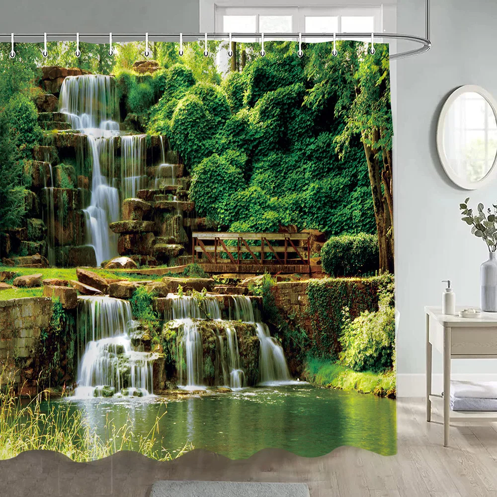 Forest Shower Curtains Sunshine Green Trees Plants Brown Window Nature Landscape Polyester Bathroom Curtain Set Decor with Hooks