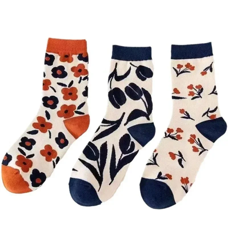 3 Pairs Socks Women Literary and Retro Style Mori Floral Tulip Long Socks Set Knitted Comfortable Autumn Casual Stockings Women