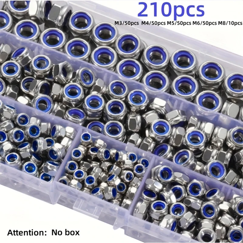 210 Pieces / 150 Pieces of Stainless Steel Nylon Anti-Slip Self-Locking Nuts M3-M8, Nylon Embedded Nuts, Hexagonal Screw Caps