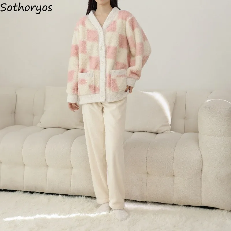 Coral Fleece Pajama Sets Women Thickened Warm Checkerboard V-neck Chic Cozy Cardigan Pyjamas Autumn Winter Home Clothes Trendy