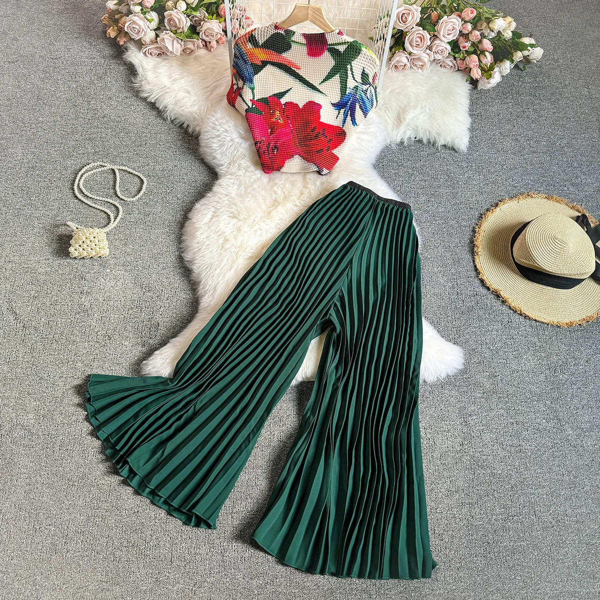 

New Floral Printed Bohemian Women's Pajamas 2pcs Set Short Sleeve Tops High Waist Pleated Long Pants Home Lounge Suit Sleepwear