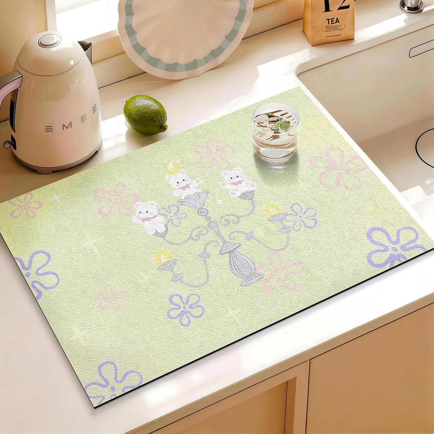 VIKAMA Fresh Apple Bear Cartoon Kitchen Drying Mat Ins Kawaii Style Water Absorbent Non‑slip Countertop Mat