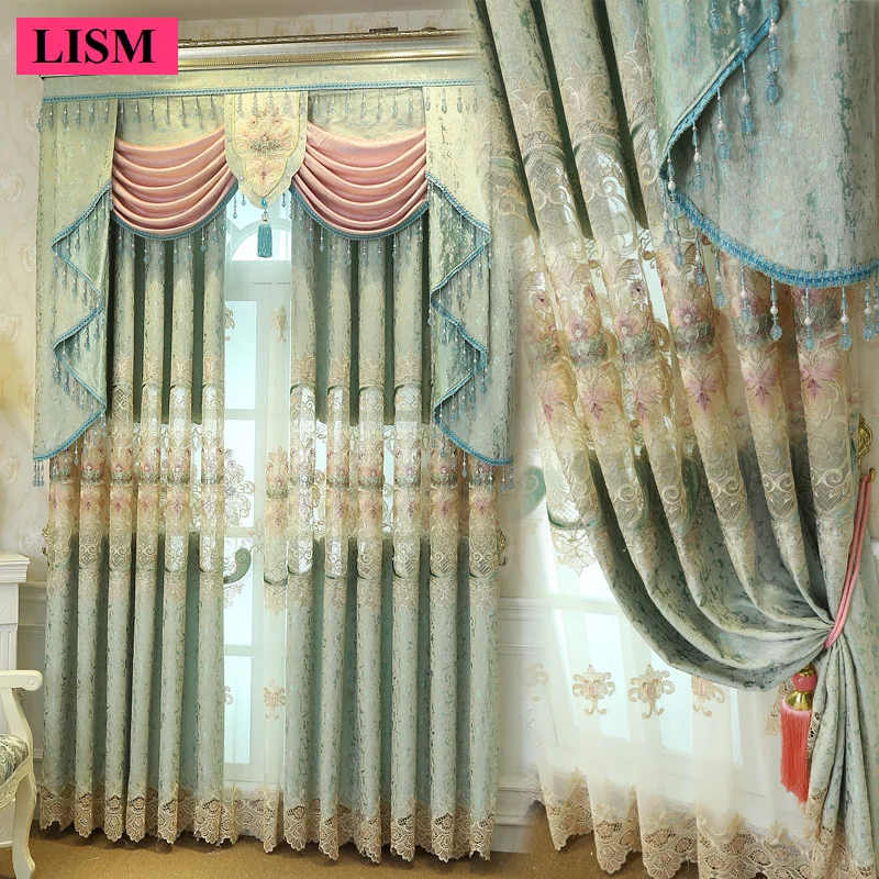 

European Water-soluble Hollow Embroidered Curtains for Living Room Bedroom Fresh Chenille Blackout Tulle Custom Decor Valance