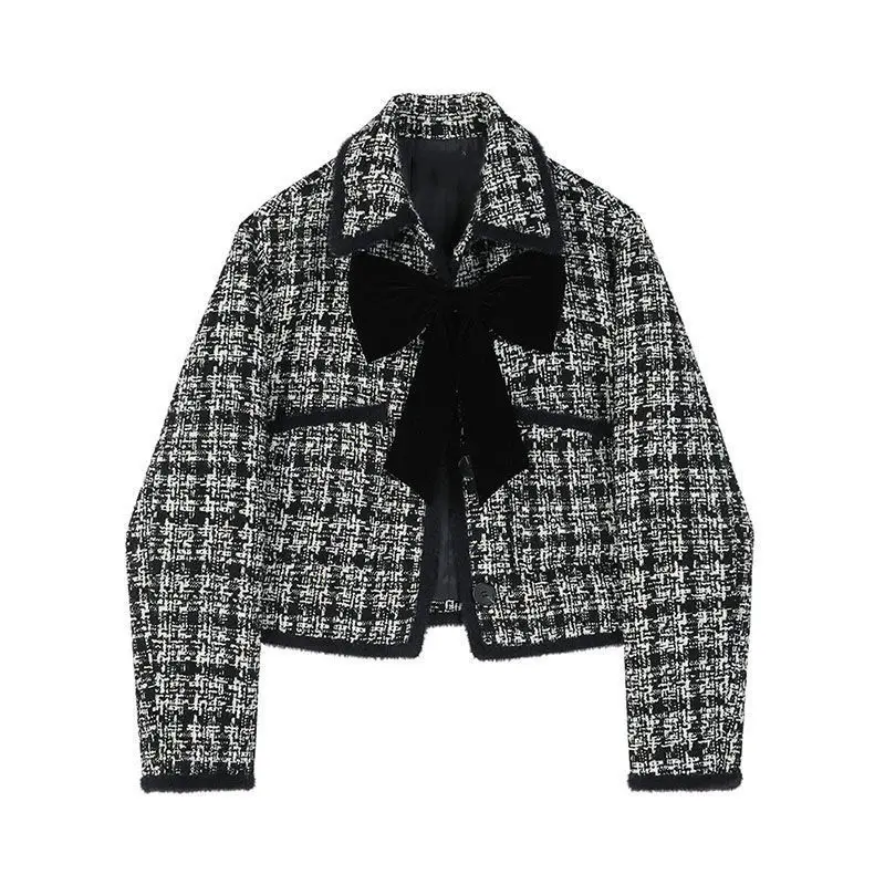 Coarse tweed short jacket for women's autumn 2024 new item Xiaoxiang retro style bow tie jacket top  coats for women