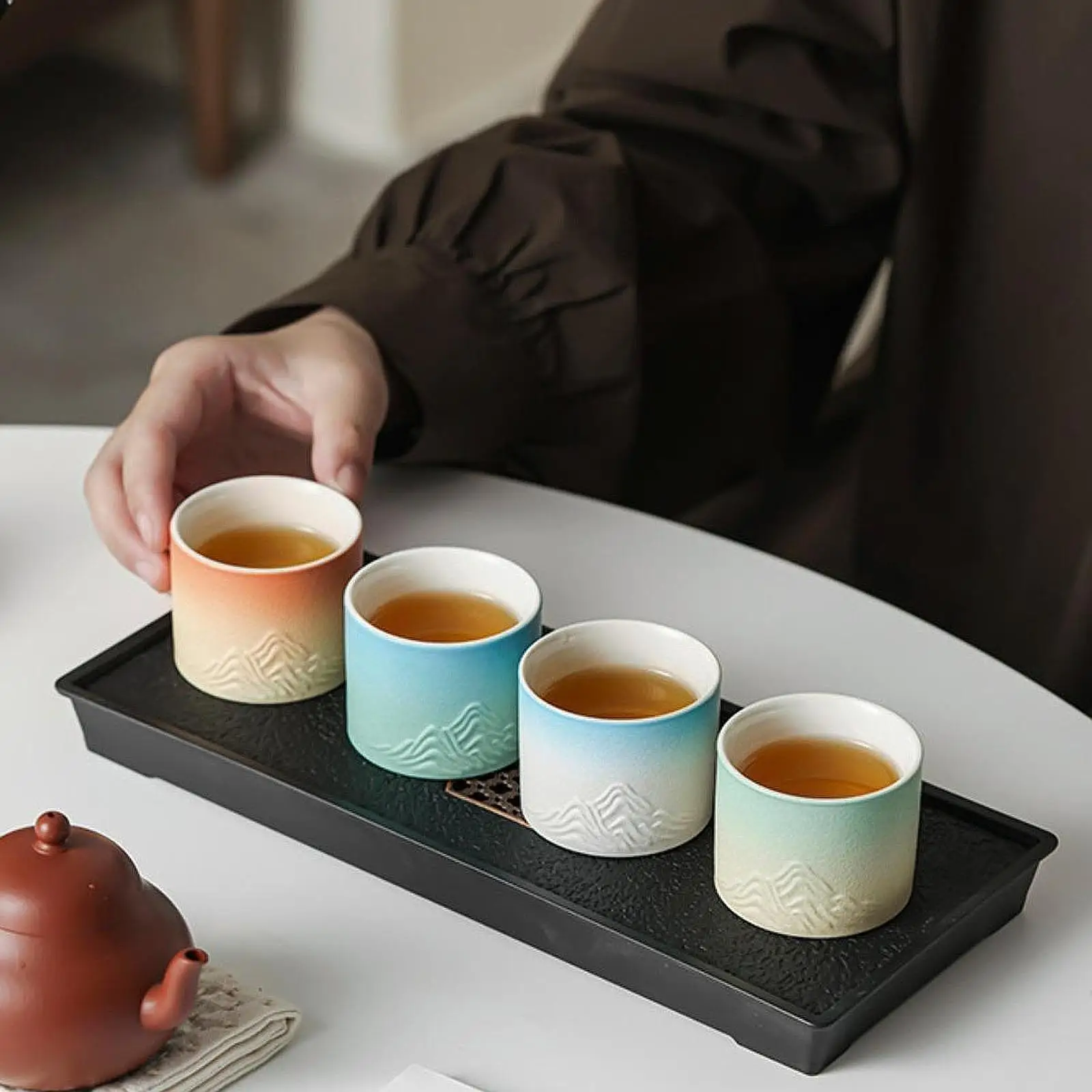 Ceramic Teacup Set Travel Tea Set Mountain Pattern Traditional Creative Kung Fu Tea Set for Friends Tea Lovers Gift Family