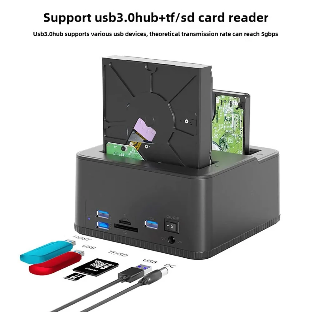 IDE SATA USB 2.0 듀얼 베이 HDD 도킹 스테이션 외장 하드 디스크 드라이브 2.5"/3.5" SSD 인클로저 원터치 백업 허브 카드 리더