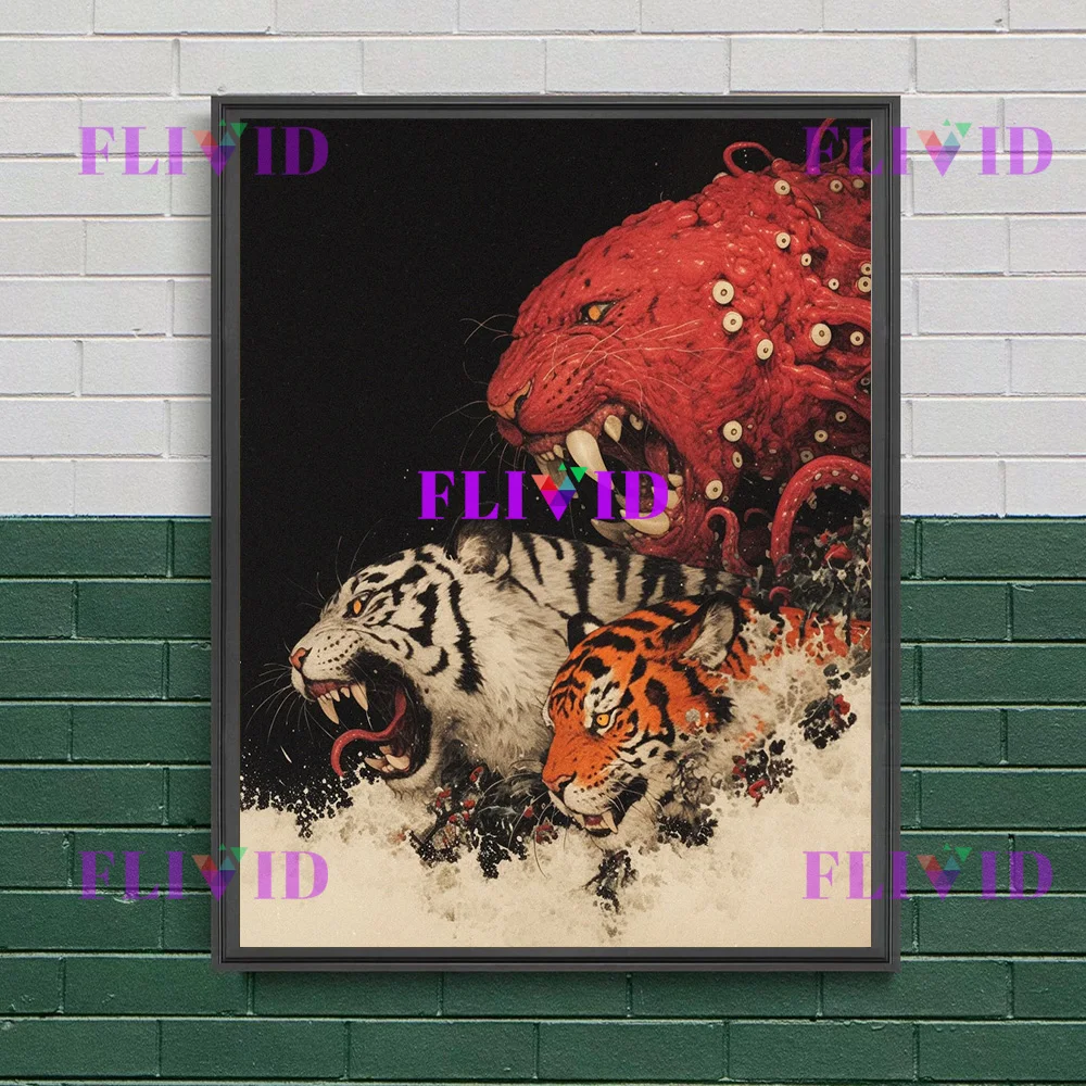 الأسطورية النمر والأخطبوط معركة الرسم على لوحات القماش الجدارية سريالية الظلام ملصق فني النمر الشرس مخالب الأخطبوط طباعة ديكور