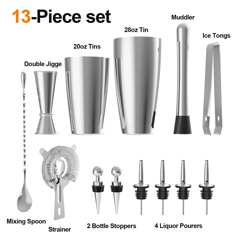 

B03C-2 Set Stainless Steel Boston Cocktail Shaker Bar Set Tools With 28Oz/20Oz Shaker Tins, Measuring Jigger, Mixing Spoon