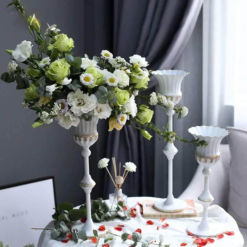 Vintage Vase Tabletop European Style Ornament Flower Arrangement Iron High Legged White Gold Wedding Floral Decorative Vessel