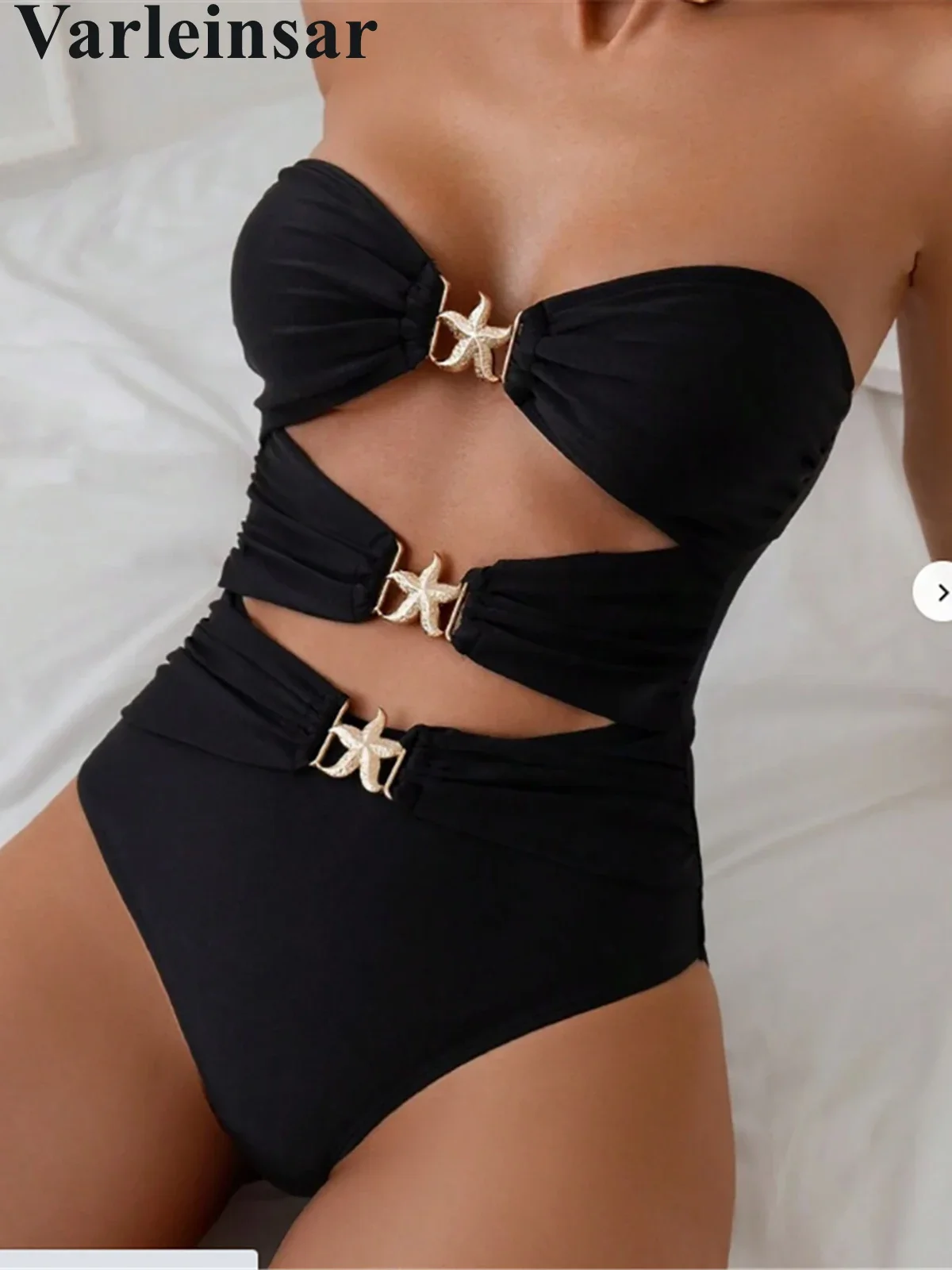 

XS - XXL Бандо с металлическими звездами и высокими штанинами, женский купальник с вырезами, цельный купальник, женский купальный костюм с полной спиной, купальный костюм, V646464