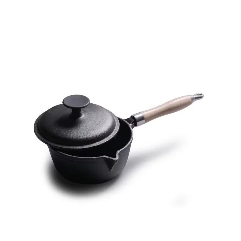 15cm Cast Iron Milk Pot with Wood Handle Baby Infant Food Supplement Soup Pot Noodle Soup Pot Hot Pot Pasta Pots