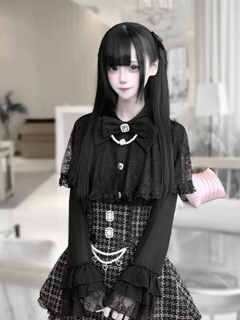 Kawaii فتاة اللؤلؤ القوس الدانتيل عباءة قميص + تنورة عالية الخصر مجموعات فساتين فتاة يابانية Y2k قطعتين مجموعات ملابس نسائية الخريف جديد