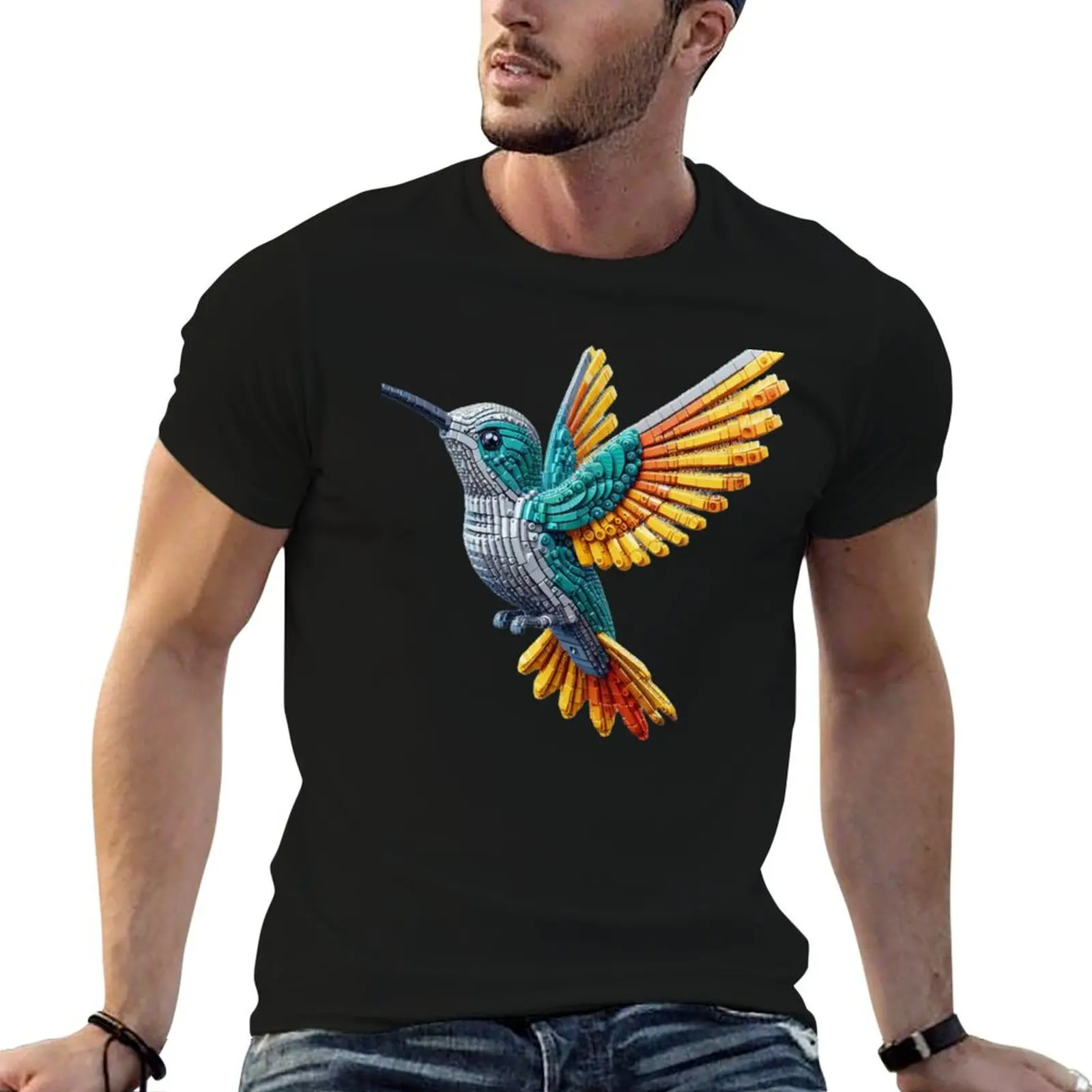 

Whimsical Animal Block Art: Bring Playfulness to Your Space - Humming-bird T-Shirt baggy shirts sweat anime men tshirt