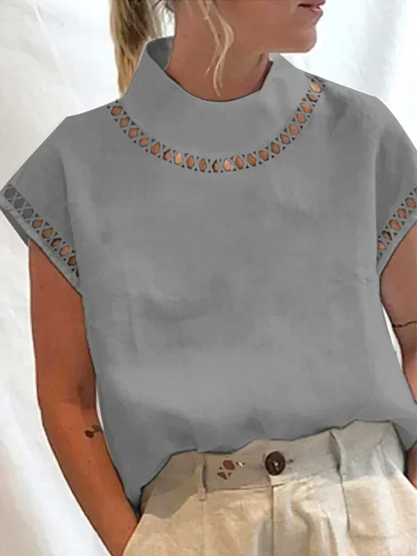 Vintage Turtleneck Hollow Out T Shirt For Women Summer Short Sleeve Oversized Tops Chiffon Blouse Boho Style Pullover T Shirts