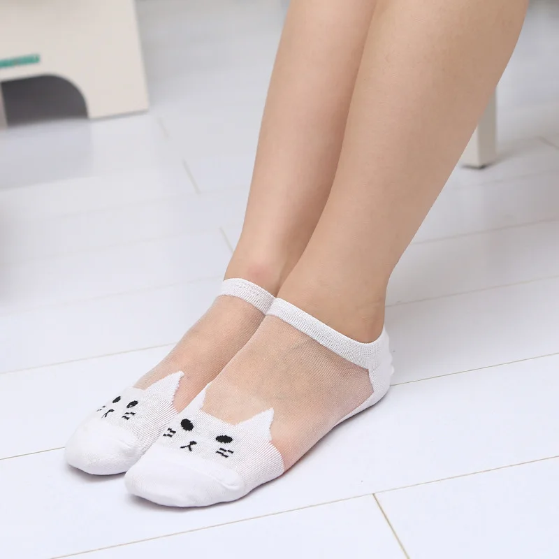 Kaus Kaki Renda Harajuku Kucing Print Lucu Wanita Kaus Kaki Renda Mode Musim Panas Anak Perempuan Sutra Kristal Sokken Hewan Lucu Mujer Chartres Kucing Kucing Kucing Chartreux